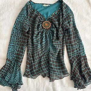 silky brown and blue boho blouse